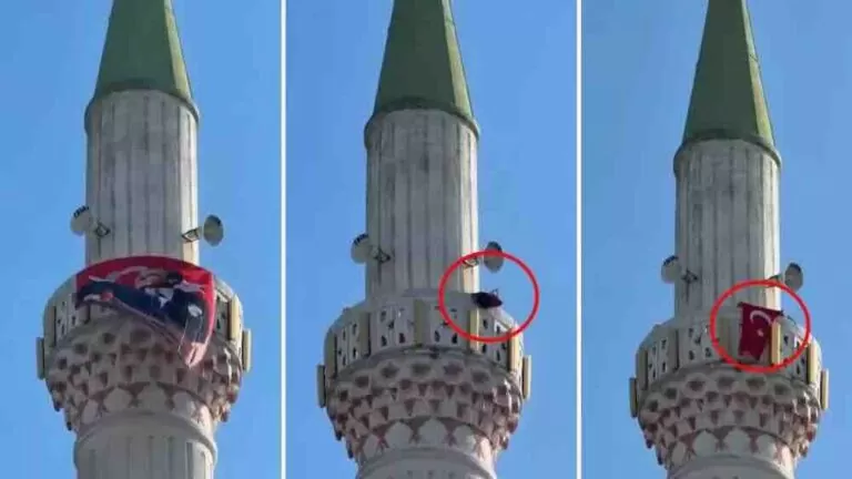 Cami minaresine asılan Atatürk silüetli Türk bayrağı